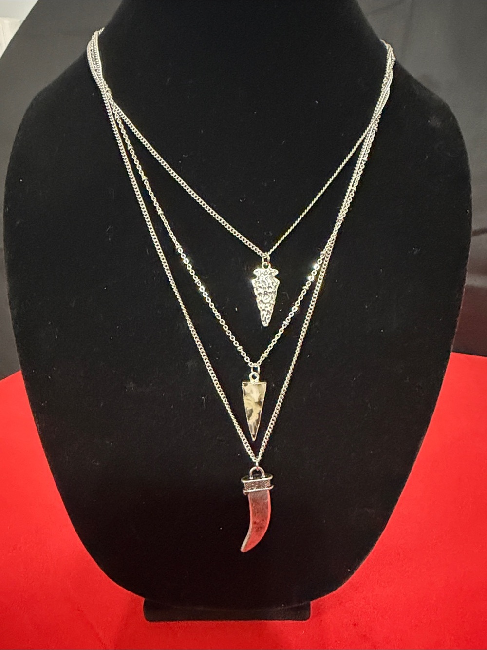 Triple-Layer Silver Spike and Horn Pendant Necklace - Women